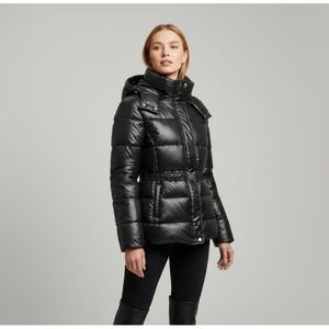 Jones New York Black Hooded Puffer Coat Belted Shiny Winter Warm Outerwear Large